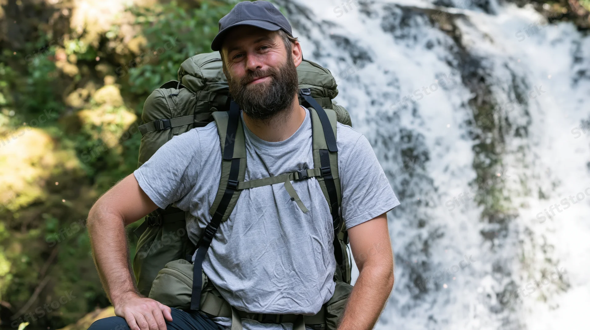 Bearded man with backpack smiling by waterfall in forest