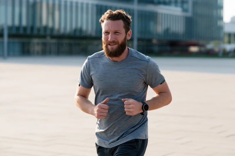 Bearded man running outdoors on a paved city sidewalk near modern glass buildings