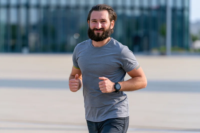 Bearded man running outdoors in city environment wearing gray tshirt and watch