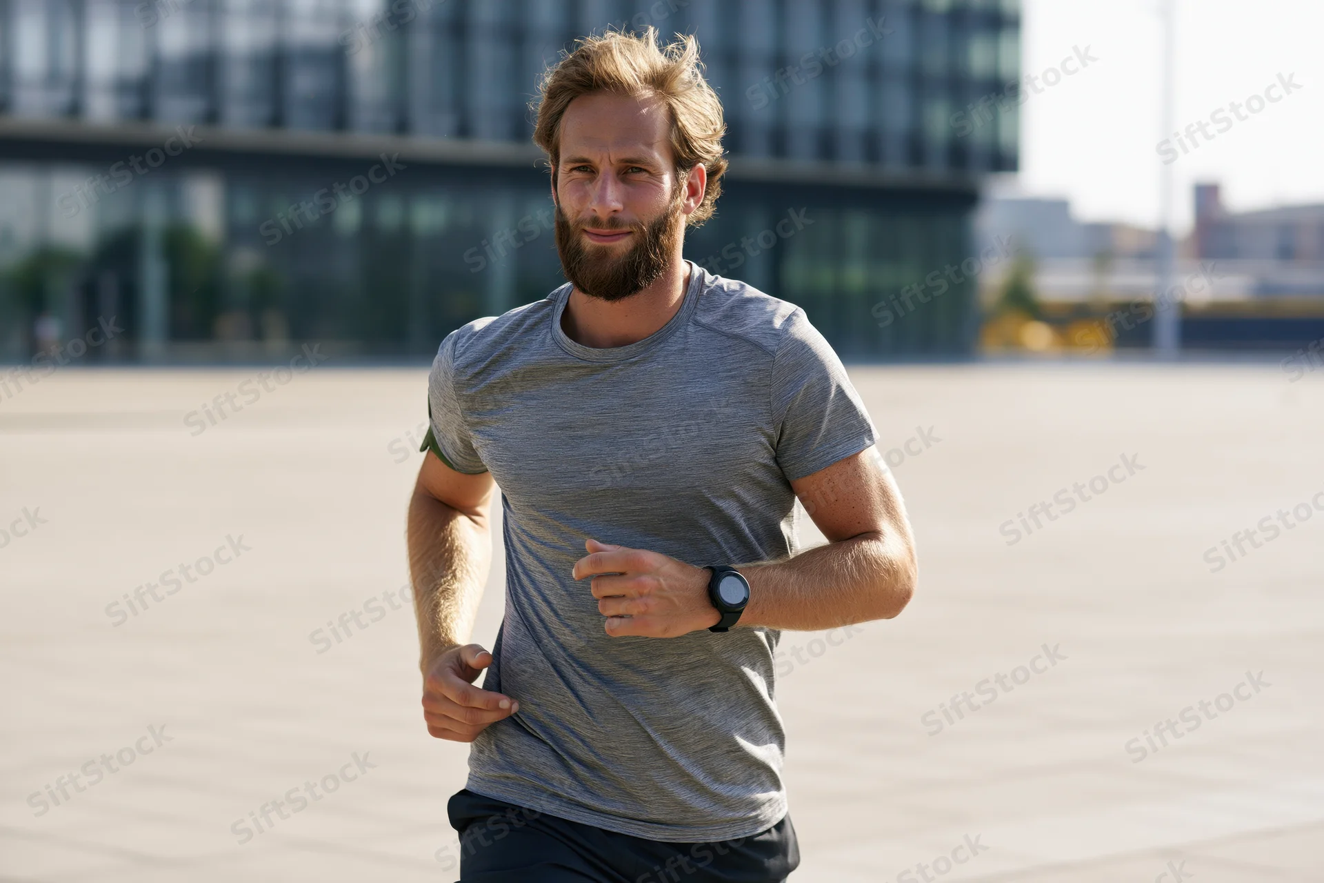 Bearded man running in an urban plaza with modern glass building in background
