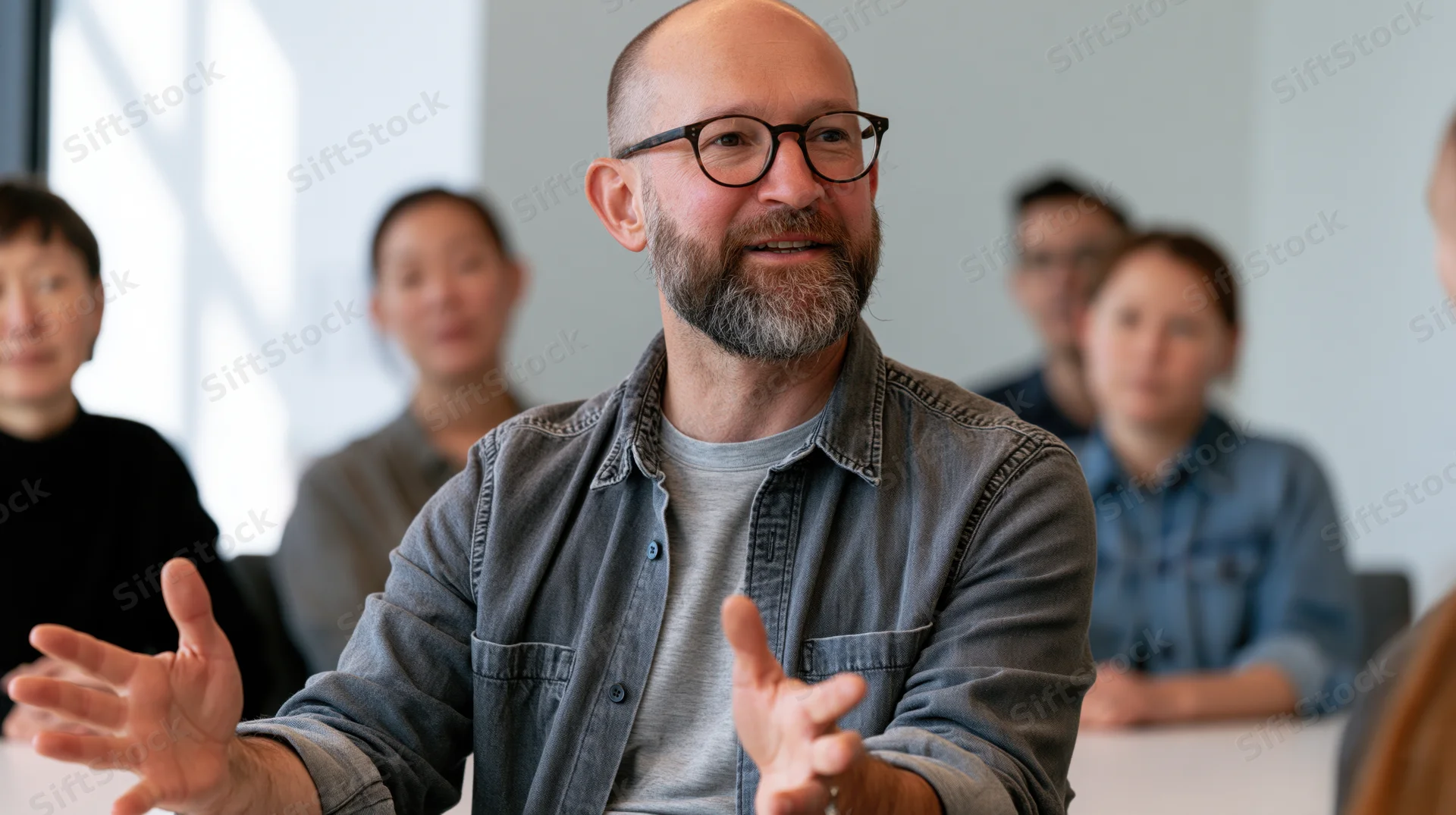 Bearded man with glasses speaking and gesturing during a team meeting in an office