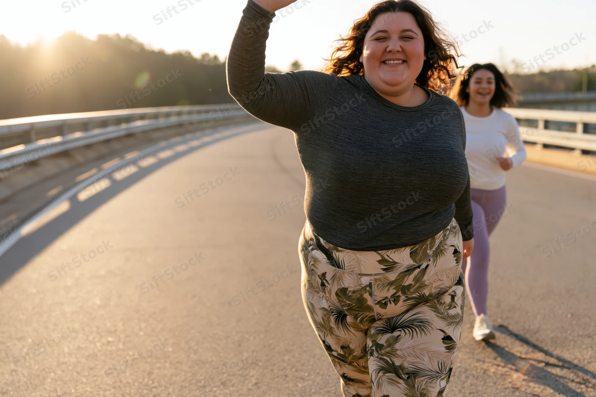Curvy woman running on a bridge at sunset with a friend behind her smiling and waving