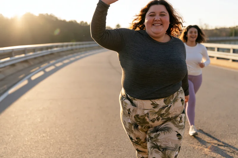 Curvy woman running on a bridge at sunset with a friend behind her smiling and waving