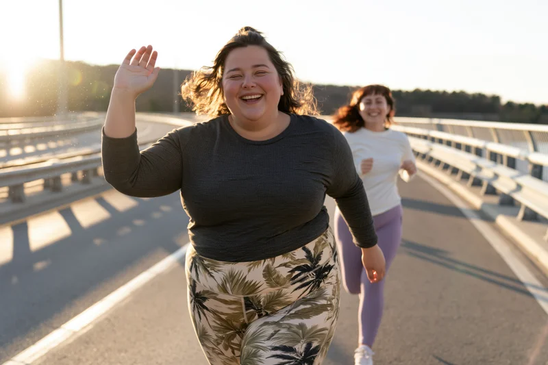 Curvy woman running on a bridge with a friend, smiling and waving, during golden hour