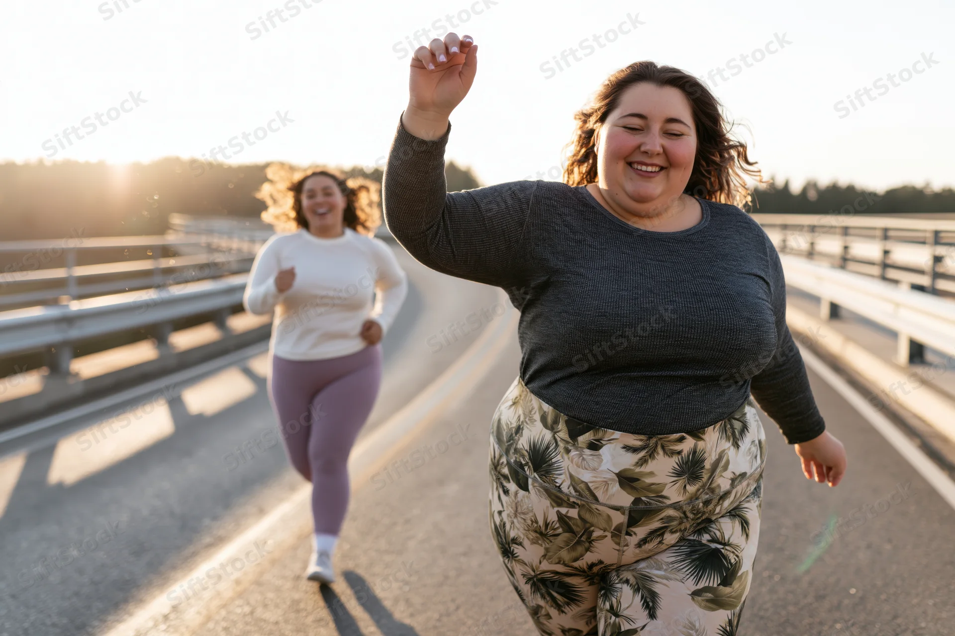 Two women running on a bridge at sunset, smiling and moving energetically in casual sportswear