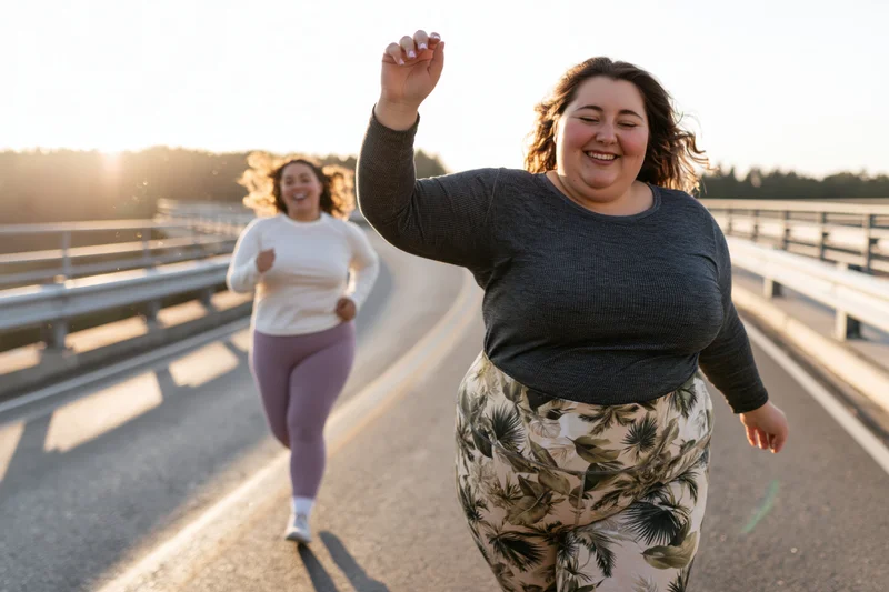 Two women running on a bridge at sunset, smiling and moving energetically in casual sportswear