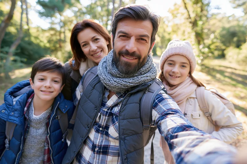 Family of four smiling for a selfie while hiking in a sunlit forest