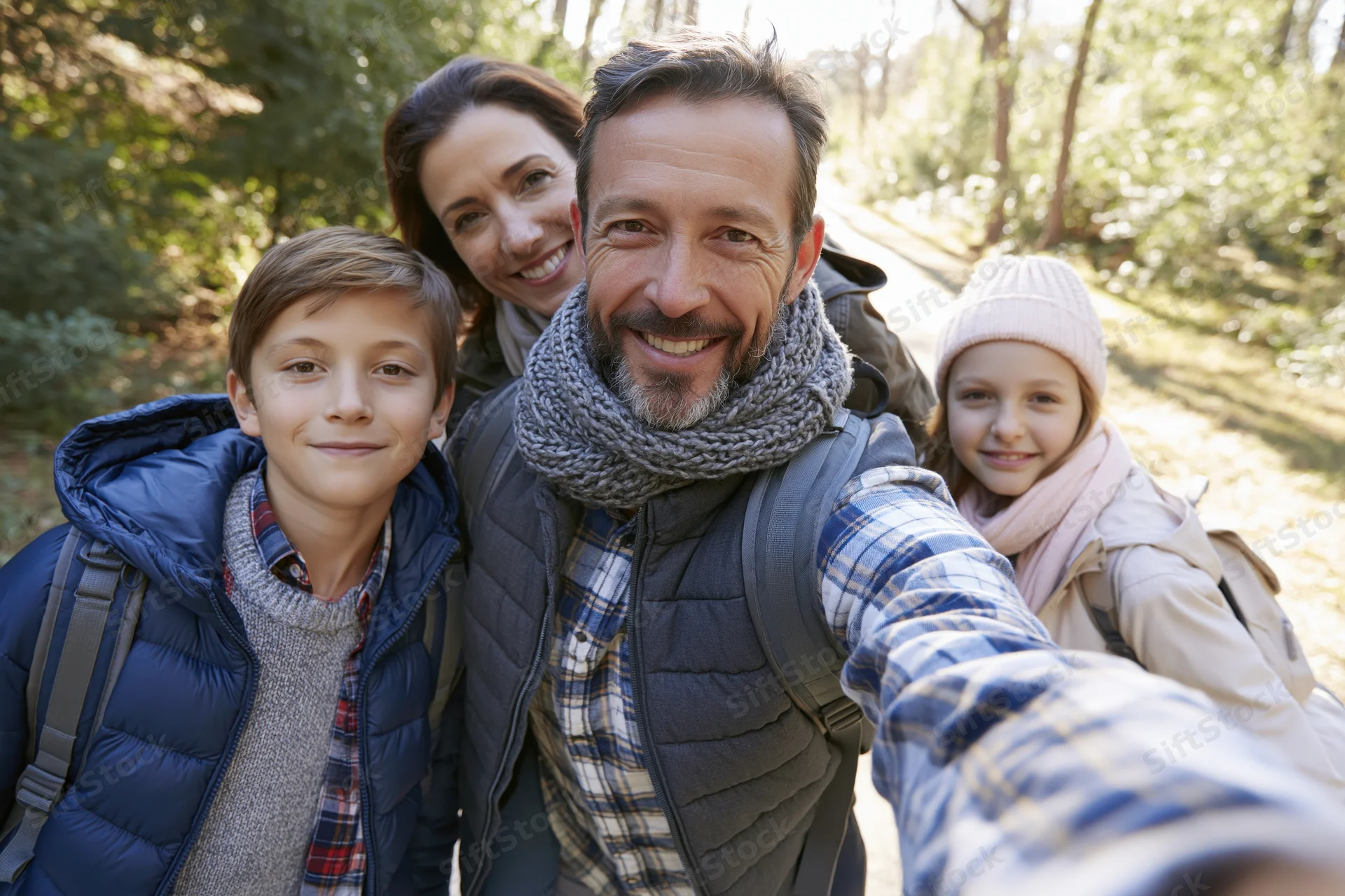 Family of four smiling while taking a selfie on a forest trail during autumn hike