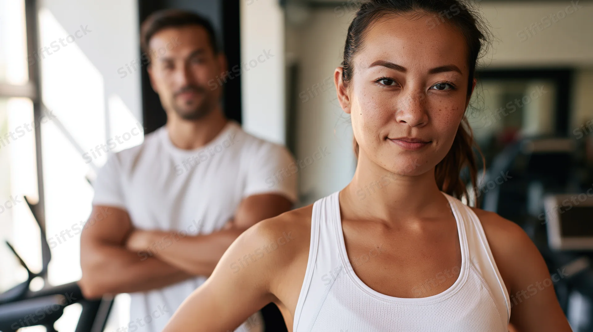 Woman in white tank top smiling at camera with man in white tshirt standing behind in gym