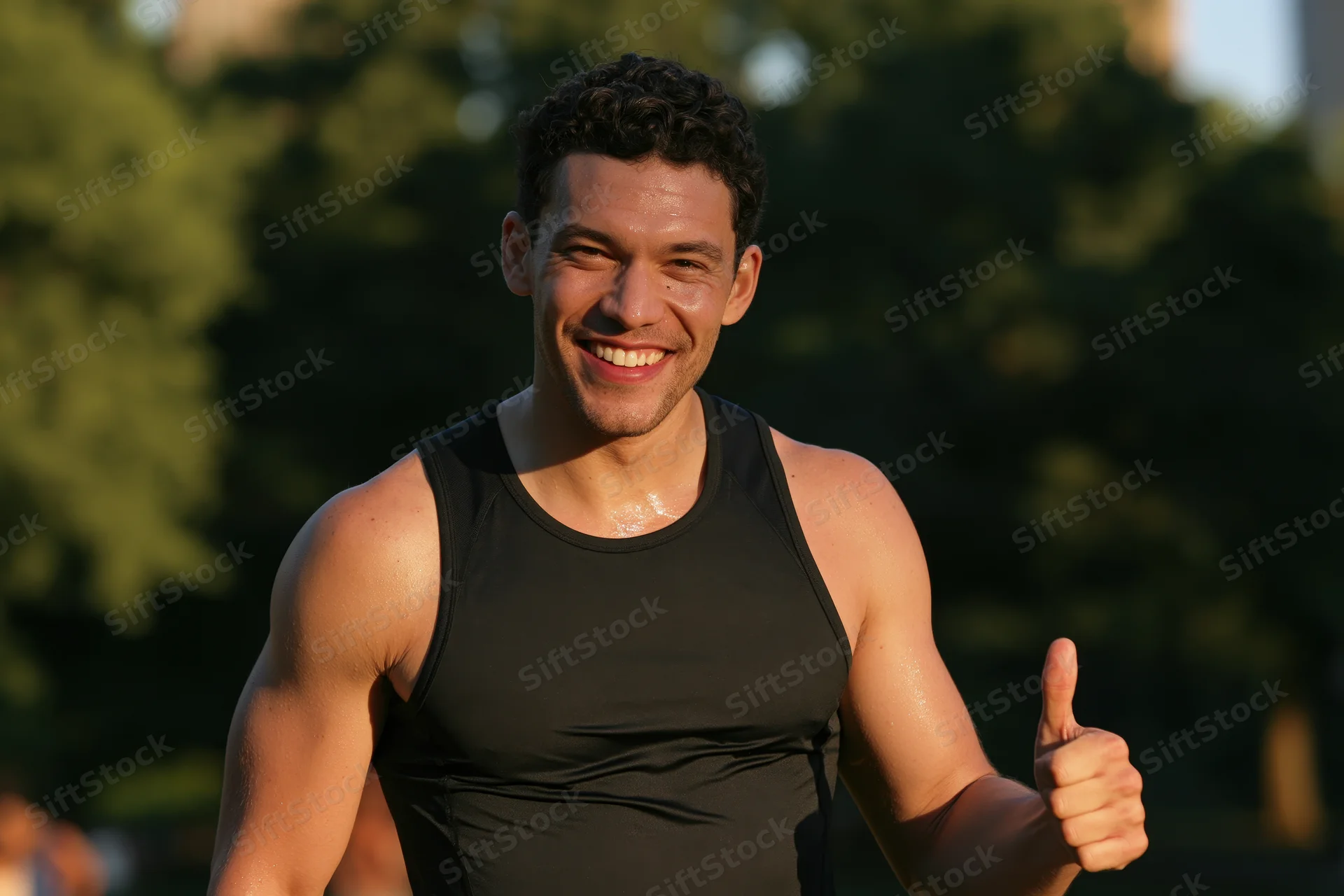 Fit man smiling and giving thumbs up in a park during daytime