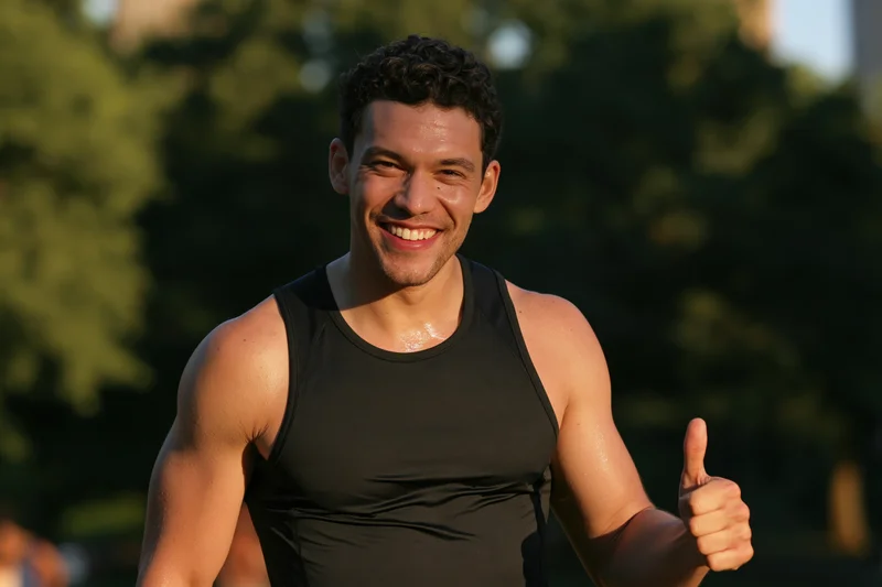 Fit man smiling and giving thumbs up in a park during daytime