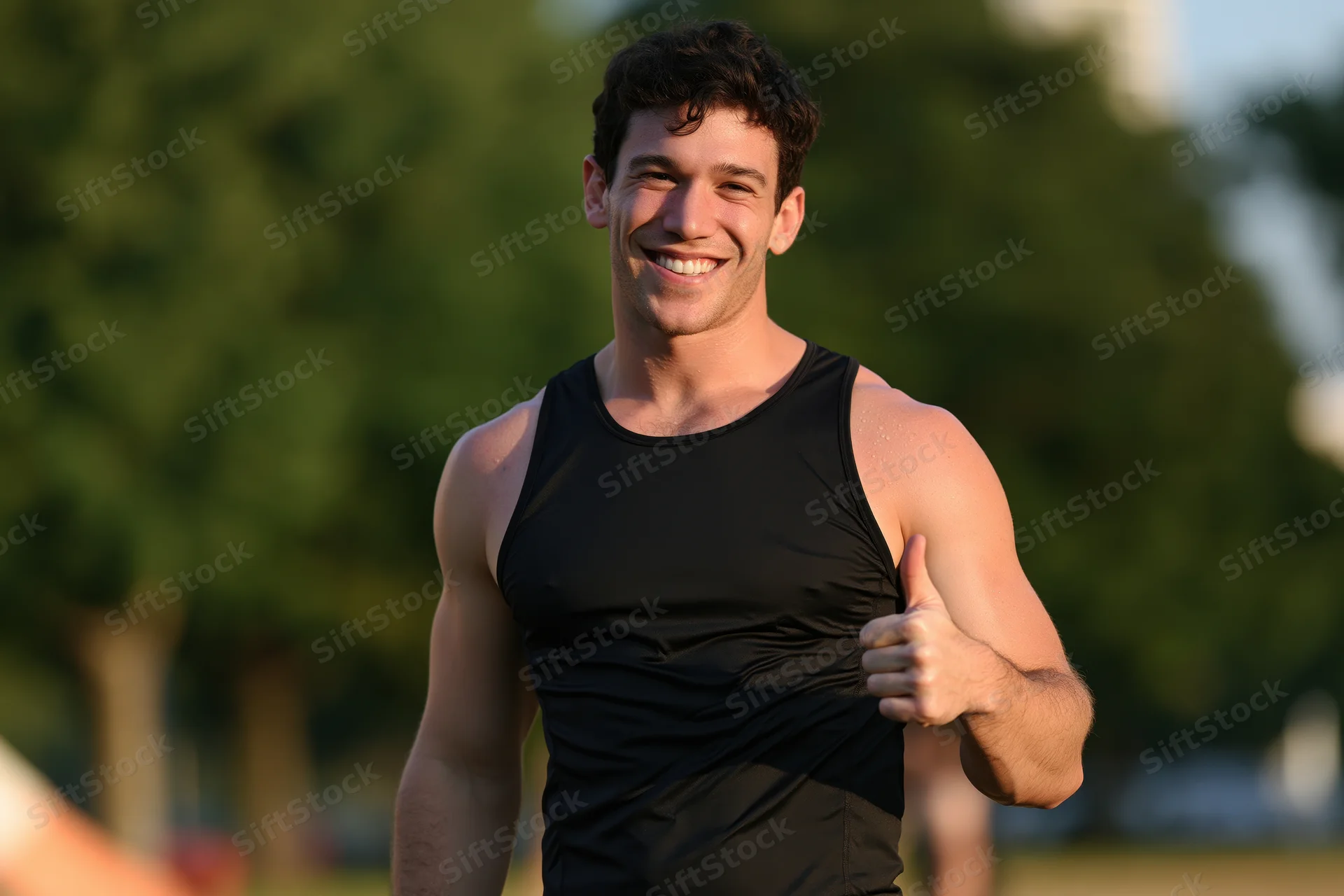 Fit man smiling and giving thumbs up in a park during daylight