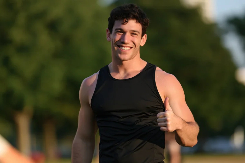 Fit man smiling and giving thumbs up in a park during daylight