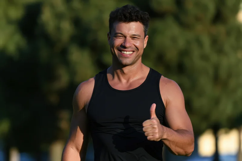 Fit man smiling and giving thumbs up while exercising in a park