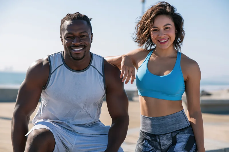 Fit mixed-race couple smiling together on a seaside boardwalk in sportswear