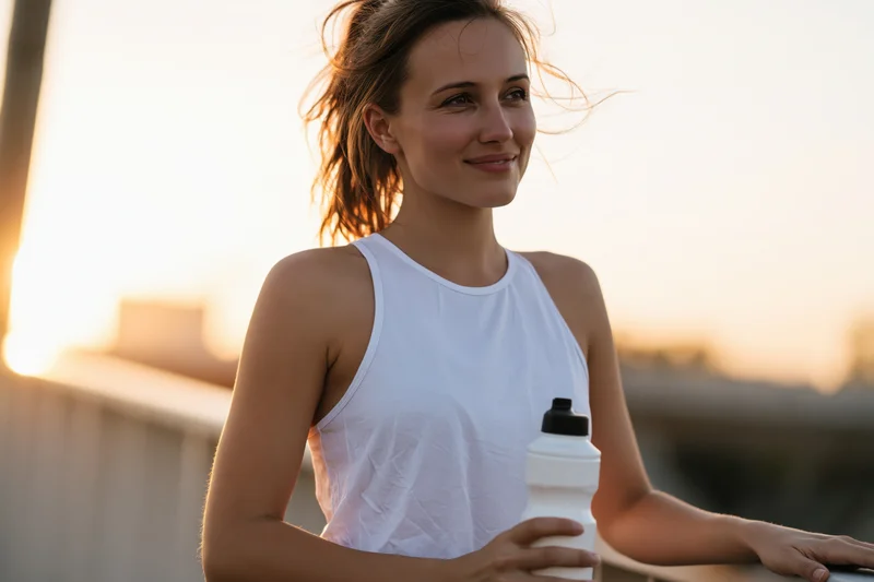 Fit woman smiling while holding water bottle outdoors at sunset