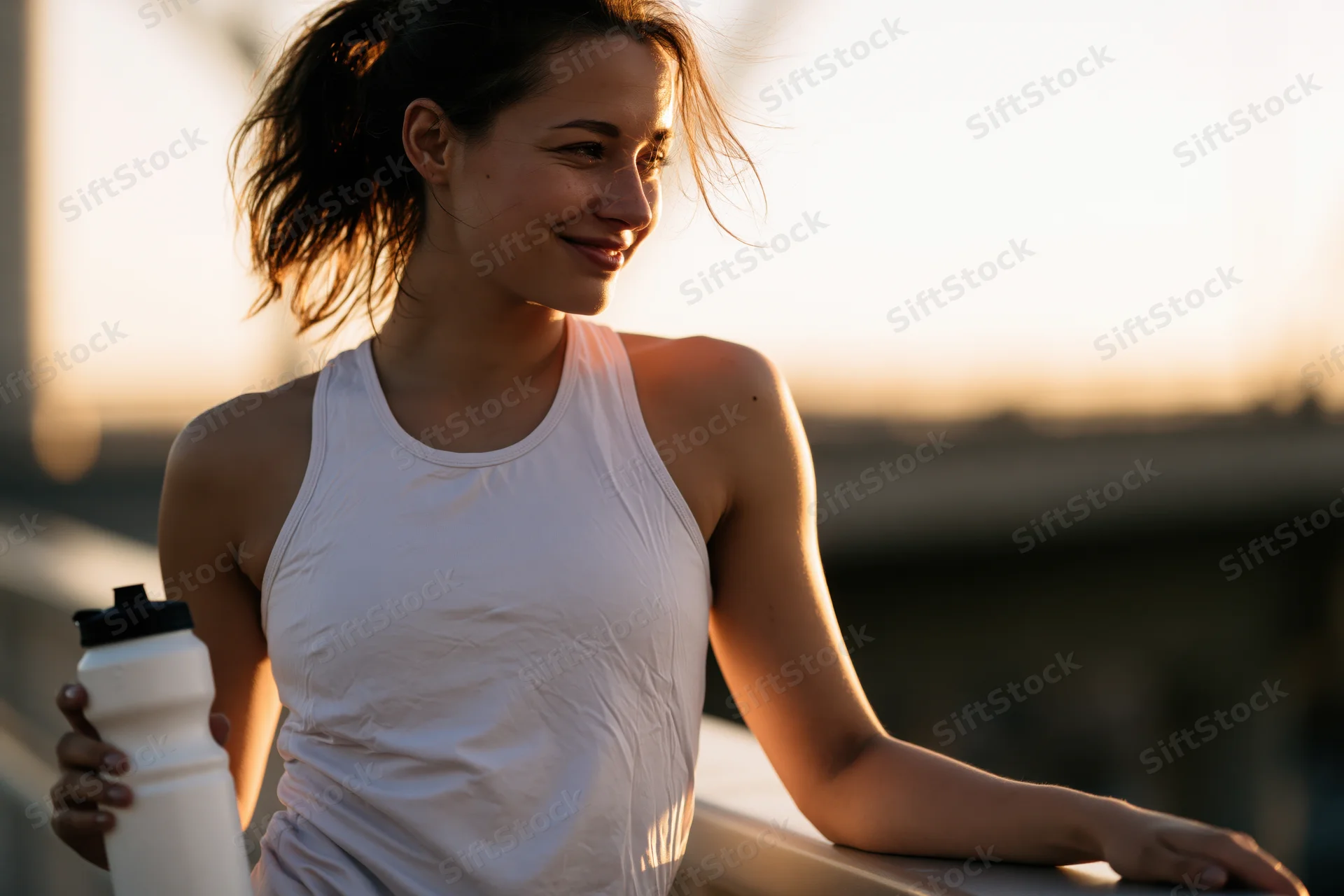 Fit woman holding water bottle while leaning on railing outdoors at sunset