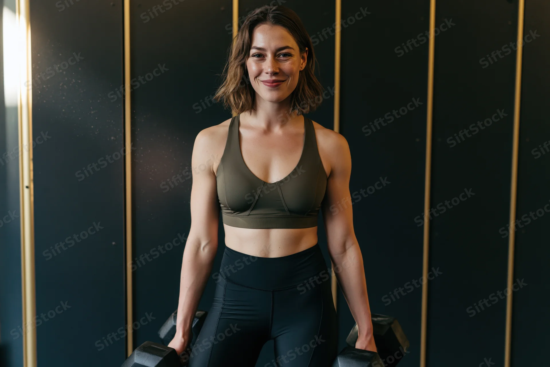 Woman holding dumbbells in a gym studio, smiling at camera