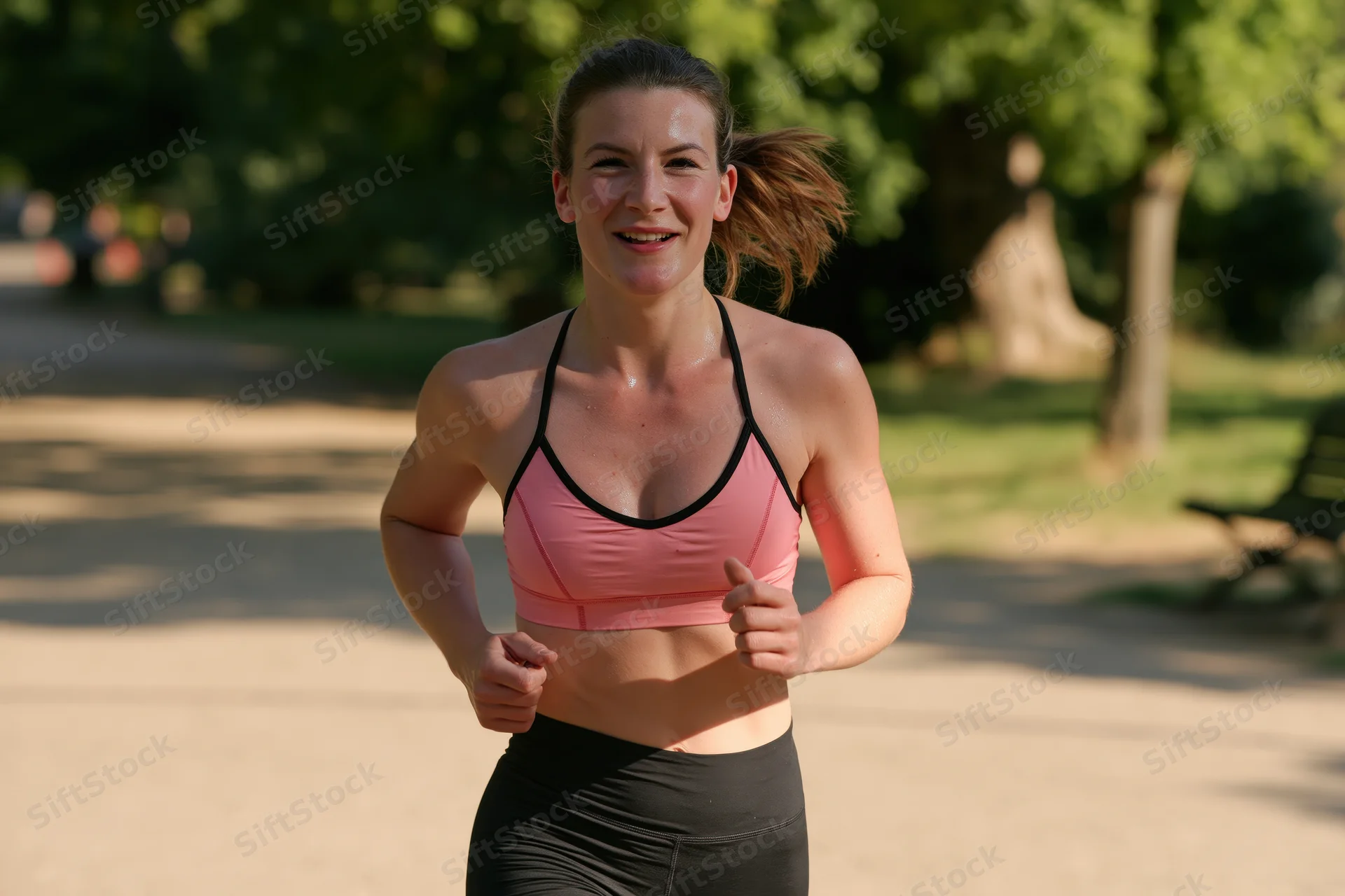 Young woman running in a park wearing pink sports bra and black leggings