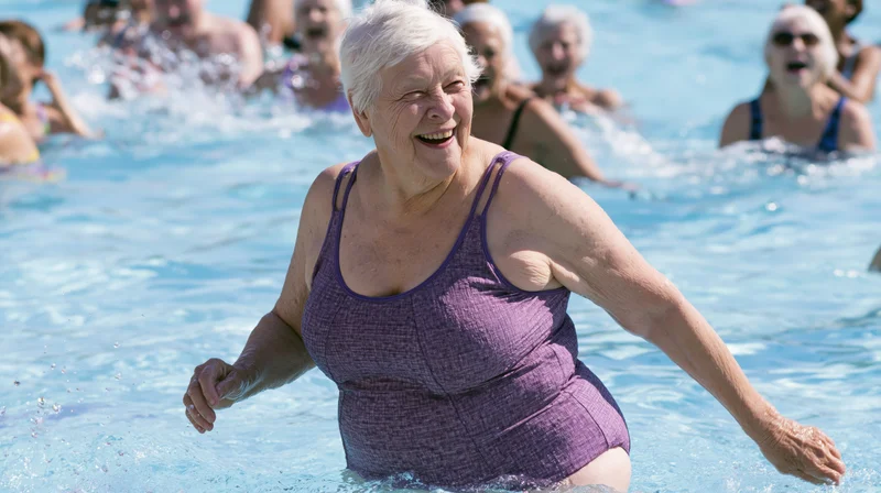 Senior woman smiling while swimming in a pool with a group of older adults