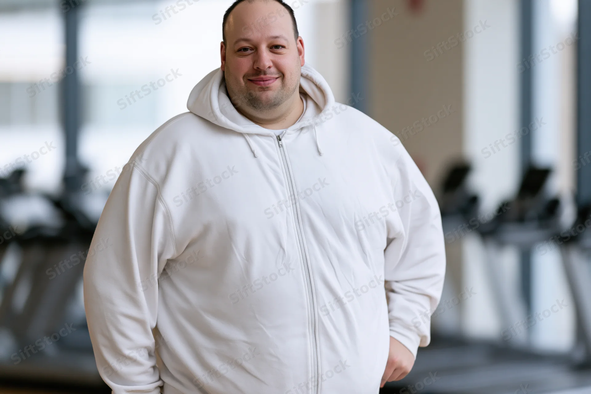 Overweight man smiling in white zip-up hoodie at gym