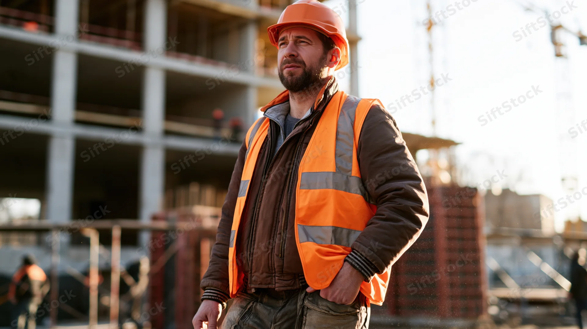 Male construction worker standing on a building site with hands in pockets, wearing orange safety helmet and vest, surrounded by concrete structure and crane in background