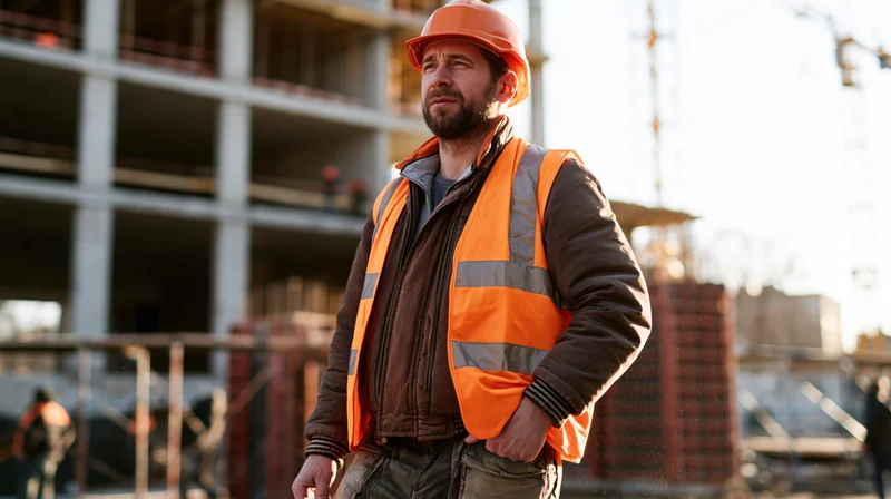 Male construction worker standing on a building site with hands in pockets, wearing orange safety helmet and vest, surrounded by concrete structure and crane in background
