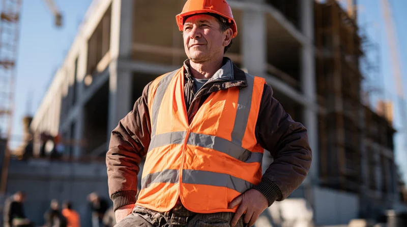 Male construction worker standing with hands on hips at a building site