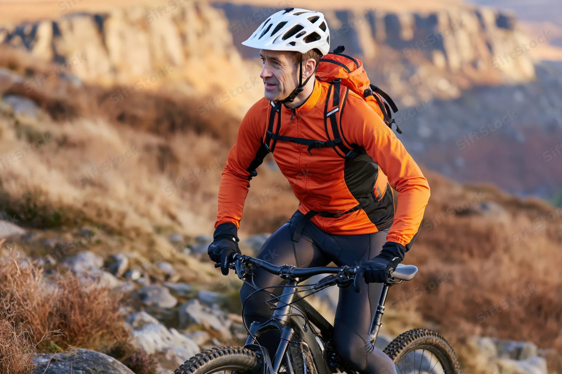 Man riding mountain bike on rocky trail in rugged outdoor landscape
