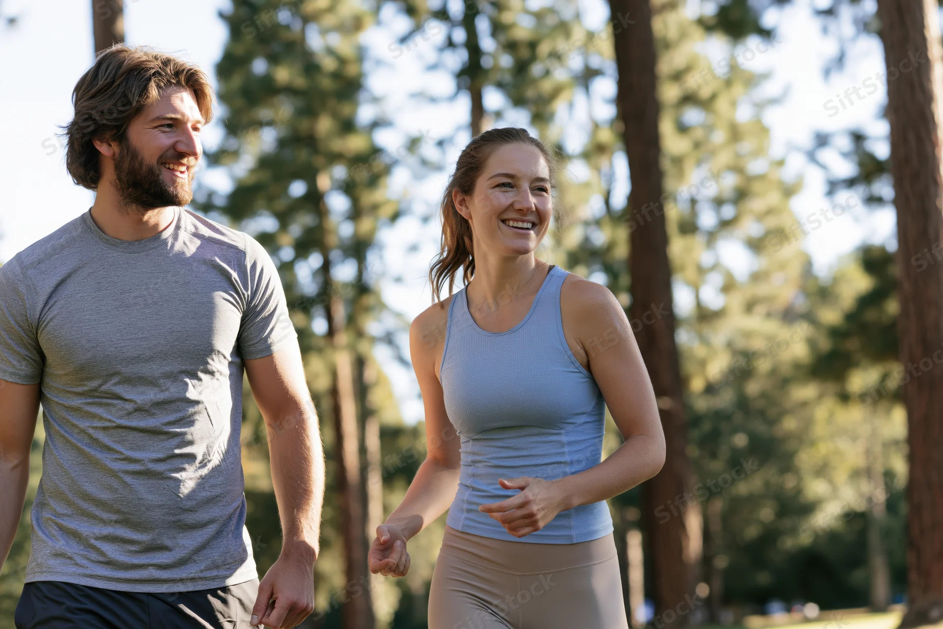 Couple walking together in a sunlit forest park smiling and enjoying outdoor exercise