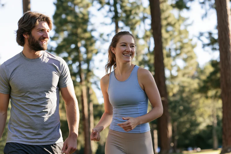 Couple walking together in a sunlit forest park smiling and enjoying outdoor exercise