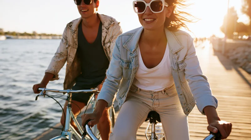 Woman and man cycling on a wooden boardwalk beside the water at sunset