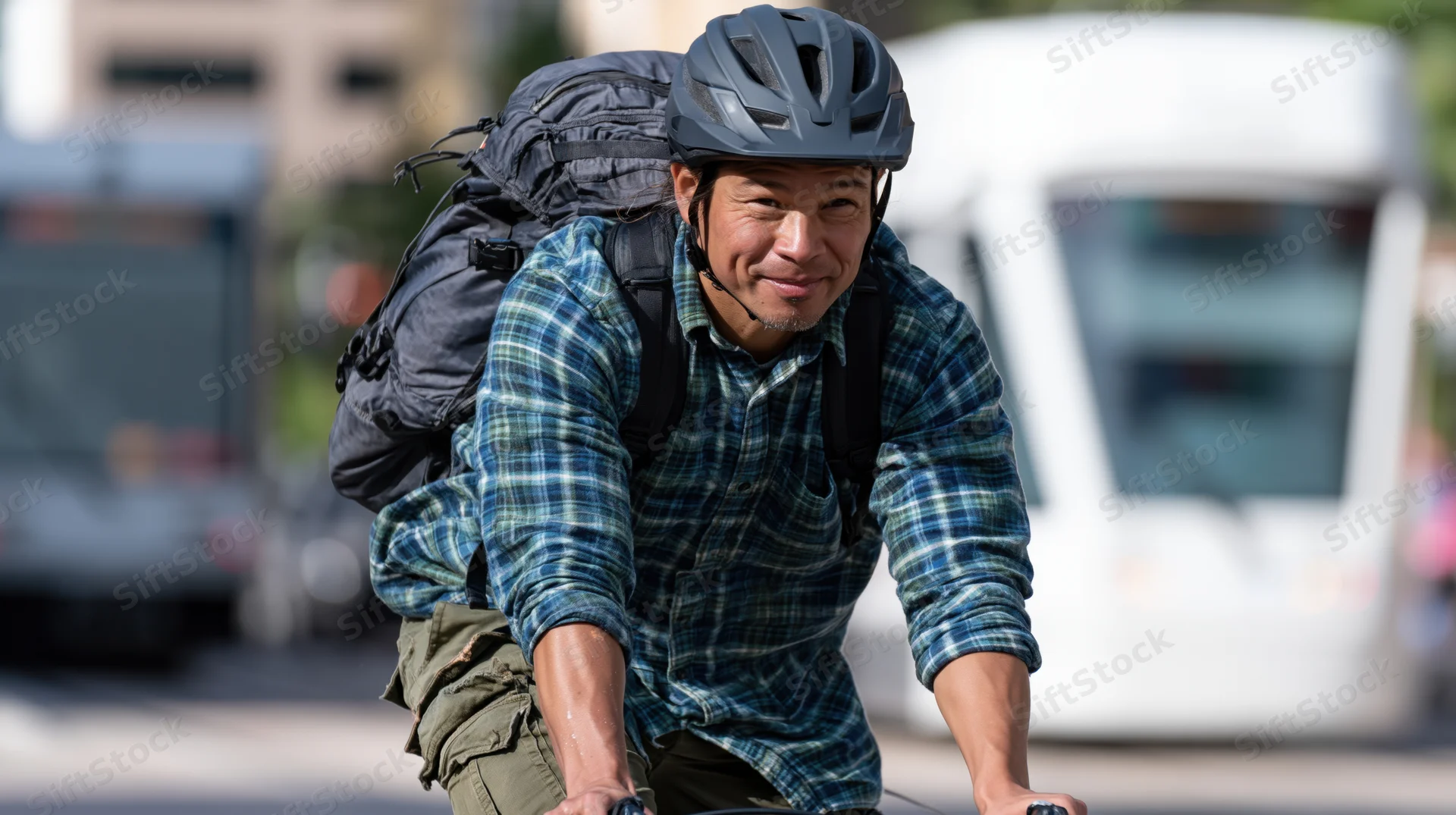 Man cycling on city street wearing helmet and backpack, smiling at camera