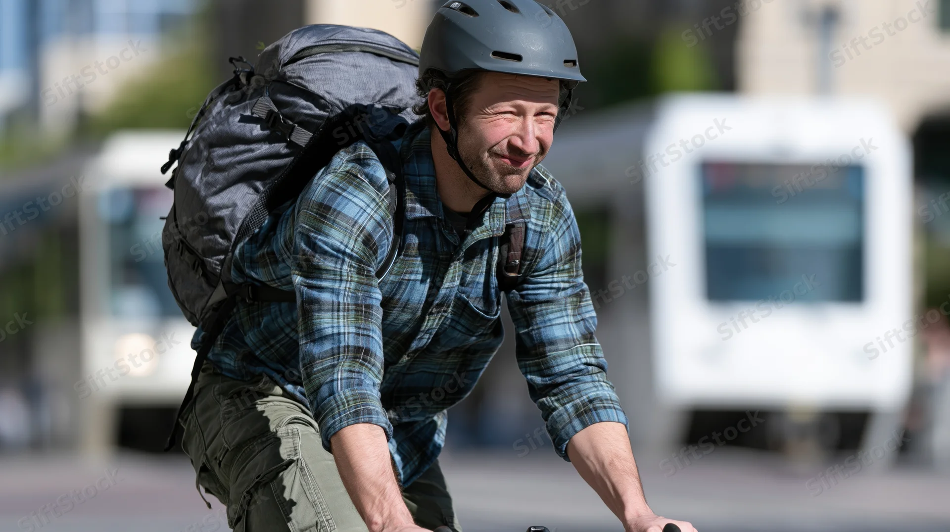 Man cycling on city street with backpack and helmet, smiling, in daylight