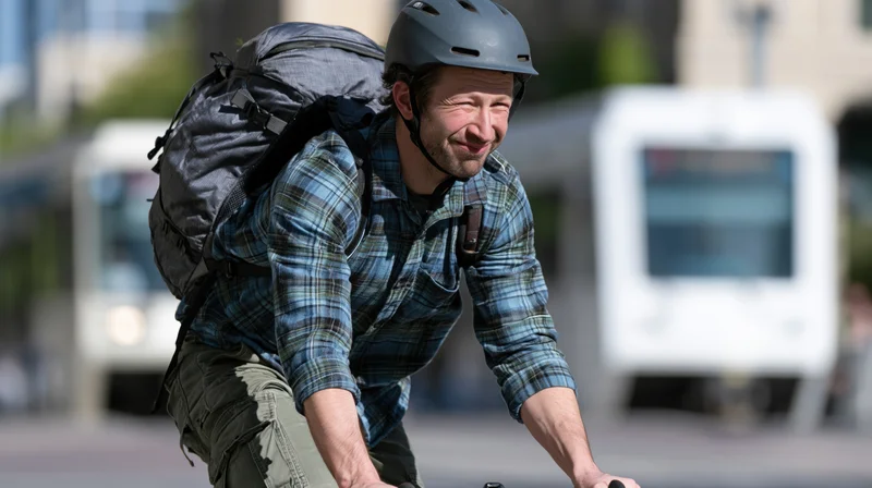 Man cycling on city street with backpack and helmet, smiling, in daylight