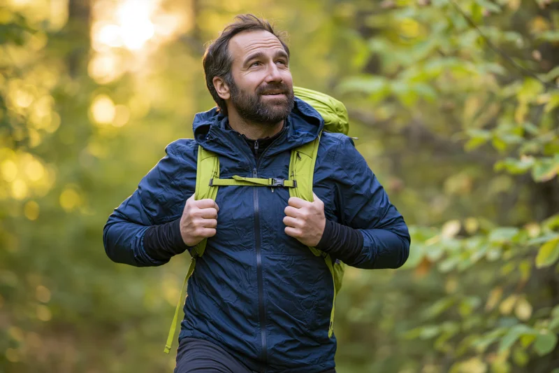 Man hiking with backpack in sunlit forest, smiling and adjusting straps