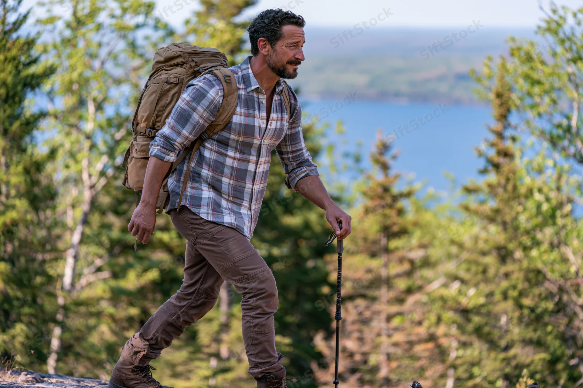 Man hiking with backpack and trekking pole on forested hillside overlooking lake