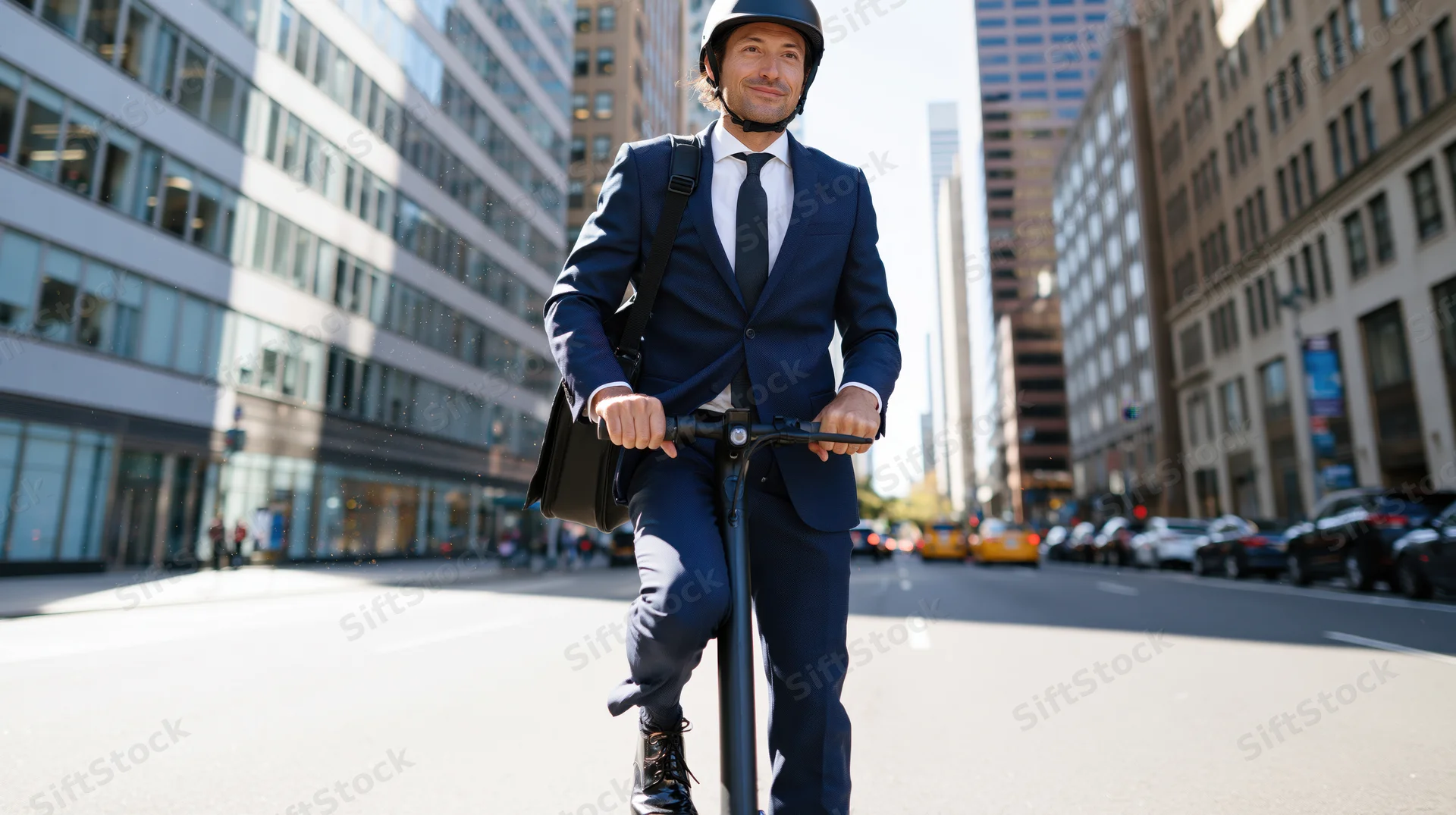 Man in navy suit riding electric scooter on city street