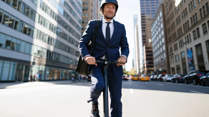 Man in navy suit riding electric scooter on city street