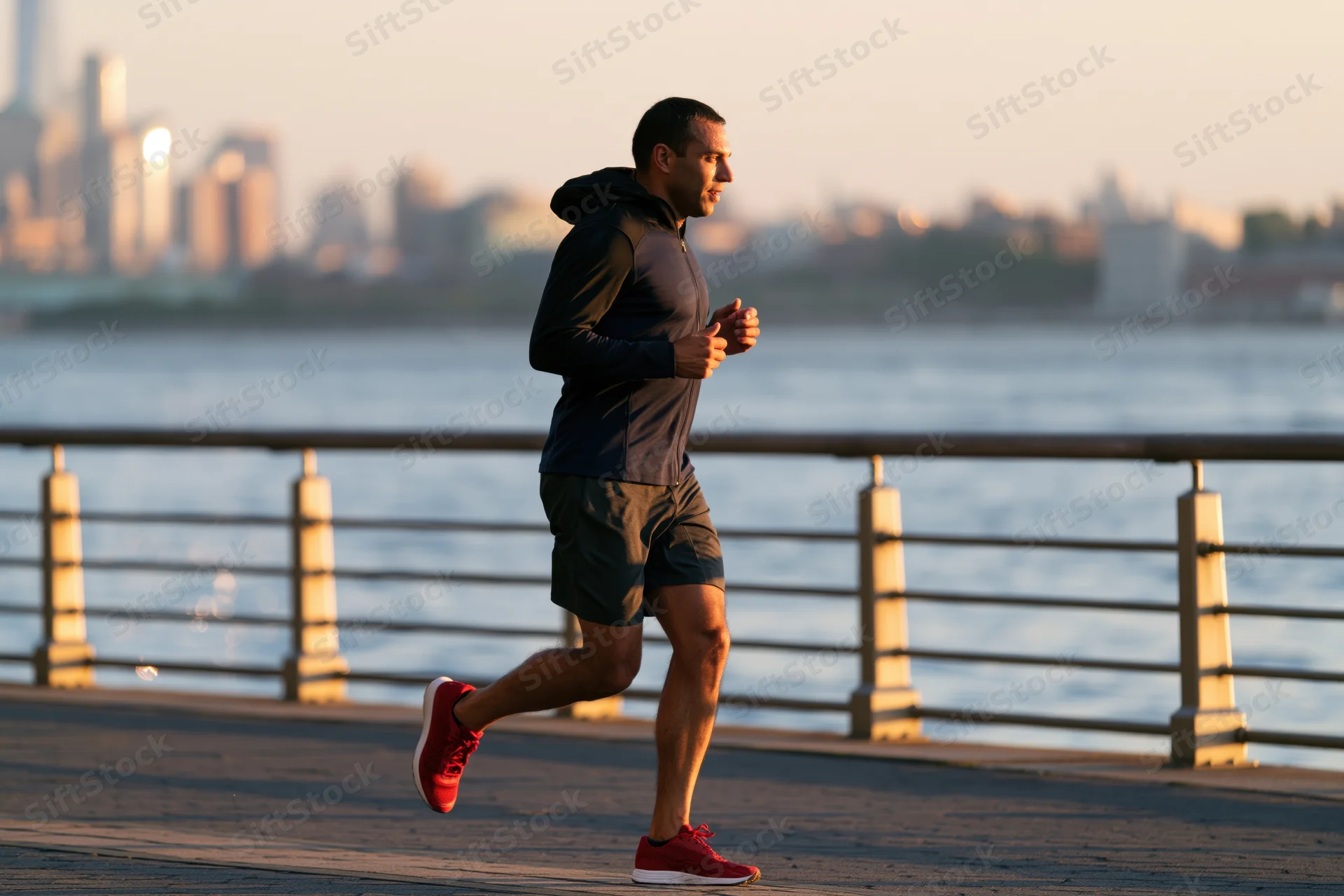 Man jogging along waterfront path with city skyline in background
