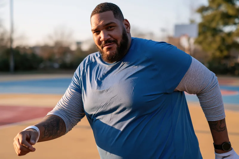 Man running on outdoor basketball court during golden hour