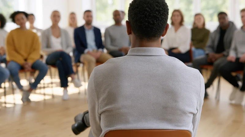 Man seated with back to camera facing a circle of people in a therapy session