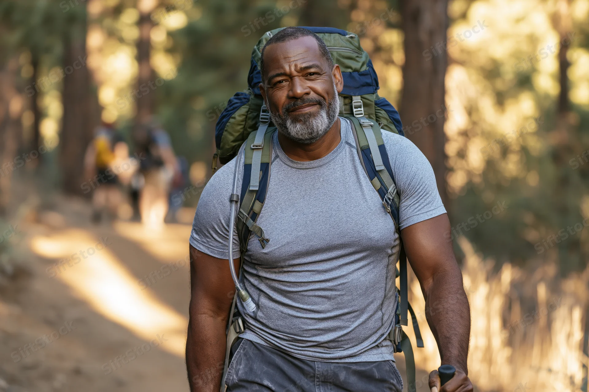 Middle-aged black man hiking with backpack on forest trail, smiling at camera