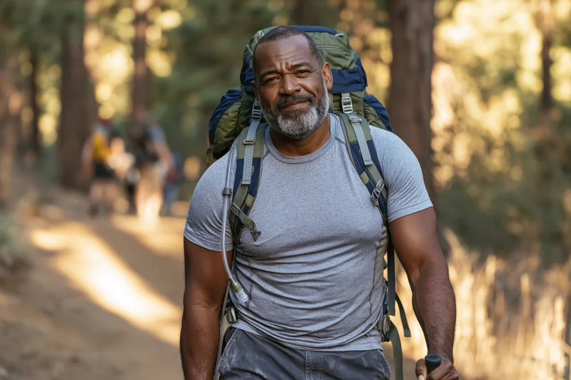 Middle-aged black man hiking with backpack on forest trail, smiling at camera