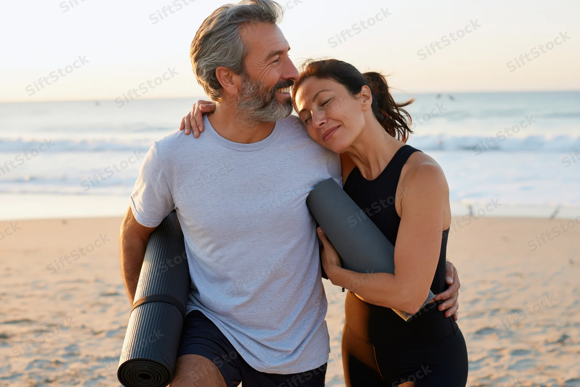 Middle-aged couple embracing on beach with yoga mats, smiling and relaxed during sunset