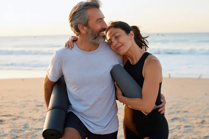 Middle-aged couple embracing on beach with yoga mats, smiling and relaxed during sunset