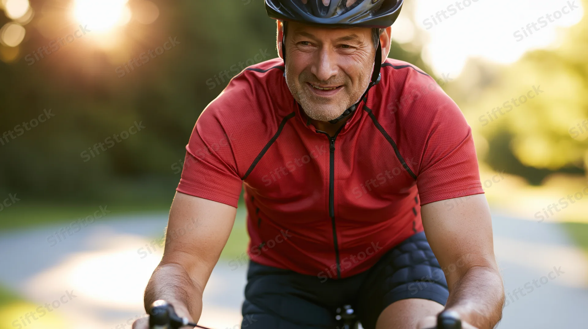 Middle-aged man cycling on a paved path in a park during golden hour
