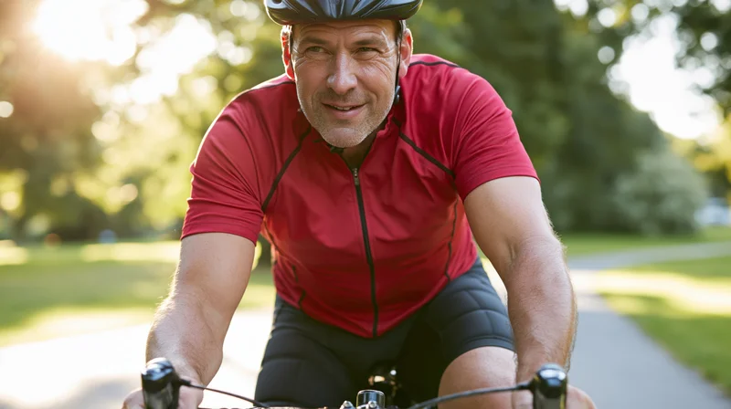 Middle-aged man cycling on a park path wearing a red jersey and helmet