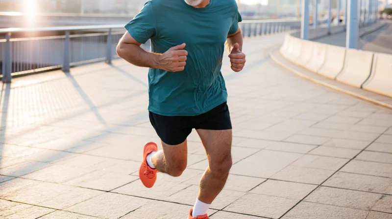 Middle-aged man running on a paved bridge in sunlight