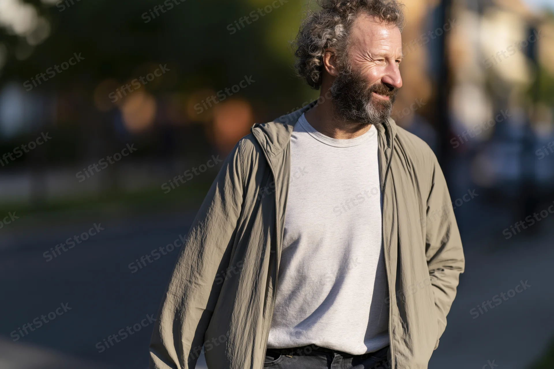 Middle-aged man with curly hair and beard walking outdoors on a city sidewalk, smiling casually in daylight